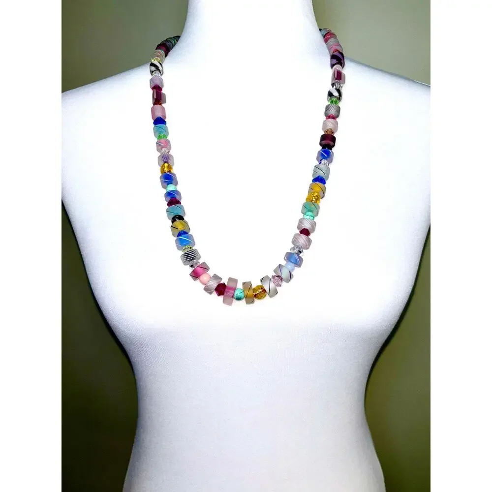 Vintage Artisan Multicolor Furnace Art Smoked Glass Beaded Necklace